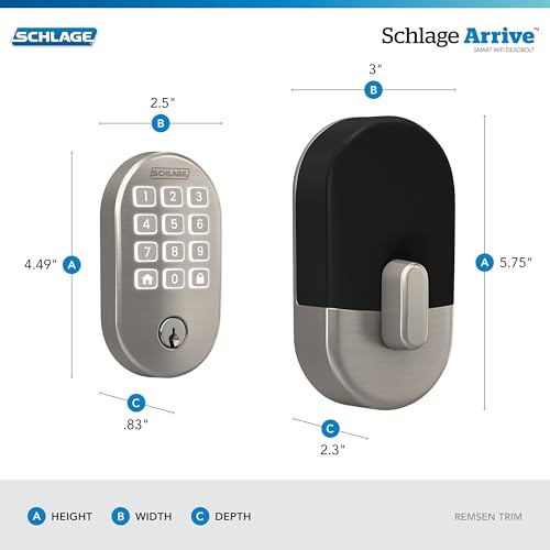 Image of Schlage Arrive Smart WiFi Deadbolt Lock with Remsen Trim, Satin Nickel | Keyless entry door lock, Push button keypad, Built-in app control, Alexa, Google Home & Ring compatible, Certified security