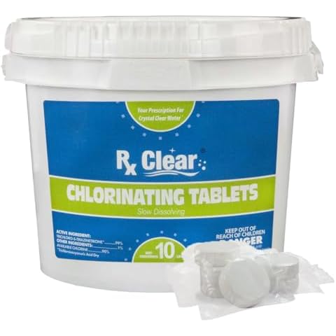 Rx Clear 3-Inch Water Soluble Chlorine Tabs | One 10-Pound Bucket | Use As Bactericide, Algaecide Disinfectant in Swimming Pools | No Need to Take Out of Wrapper Cover