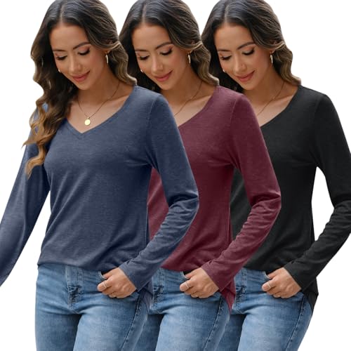 SUNBS 3 Pack Womens Long Sleeve Shirts V Neck Tops Loose Fit Causal Fall Fashion Outfits Trendy Clothes Winter 20253