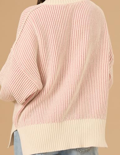 Image of Zeagoo Women 2026 Fall Lightweight Oversized Sweater Crew Neck Long Sleeve Color Block Pullover Rib Knit Blouse Tops XS-2XL