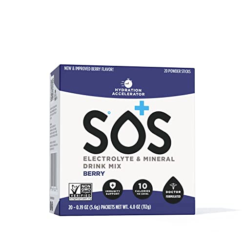 SOS Hydration Electrolyte Powder Packets, Low-Sugar, Immunity Support Hydration Replenishment Drink Mix, Berry Flavor, 20 Sticks SOS Hydration Electrolyte Powder Packets, Low-Sugar, Immunity Support Hydration Replenishment Drink Mix, Berry Flavor, 20 Sticks