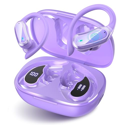 TRAUSI Écouteurs sans fil Bluetooth, écouteurs stéréo Bluetooth 5.3, micro antibruit, étanchéité IPX7 pour entraînement/course à pied, violet