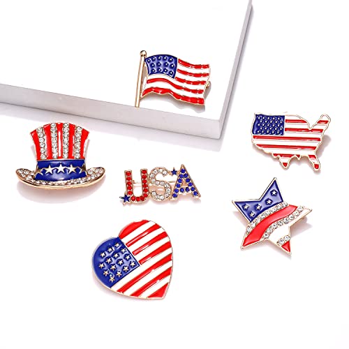 Image of 6PCS American Flag Lapel Pins Enamel Rhinestone Heart USA Flag 4th of July Brooch Pins Patriotic Independence Day Jewelry Suit Pin Gifts for Women Men