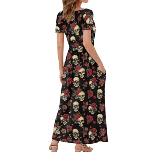 Image of Women's Fall Summer Short Sleeve Ankle Length V-Neck Party Dress with Pockets Size S-3XL