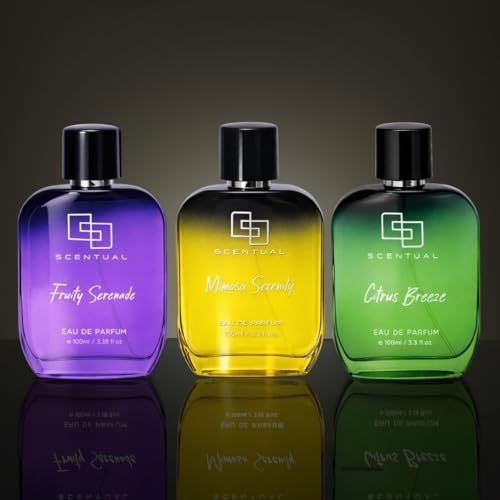Image of Scentual Citrus Breeze, Mimosa Serenity & Fruity Serenade Eau De Perfum For Men & Women | Modern Lifestyle Long Fragrance Gift 10.2 oz Total (Pack of 3, 100ml Each)