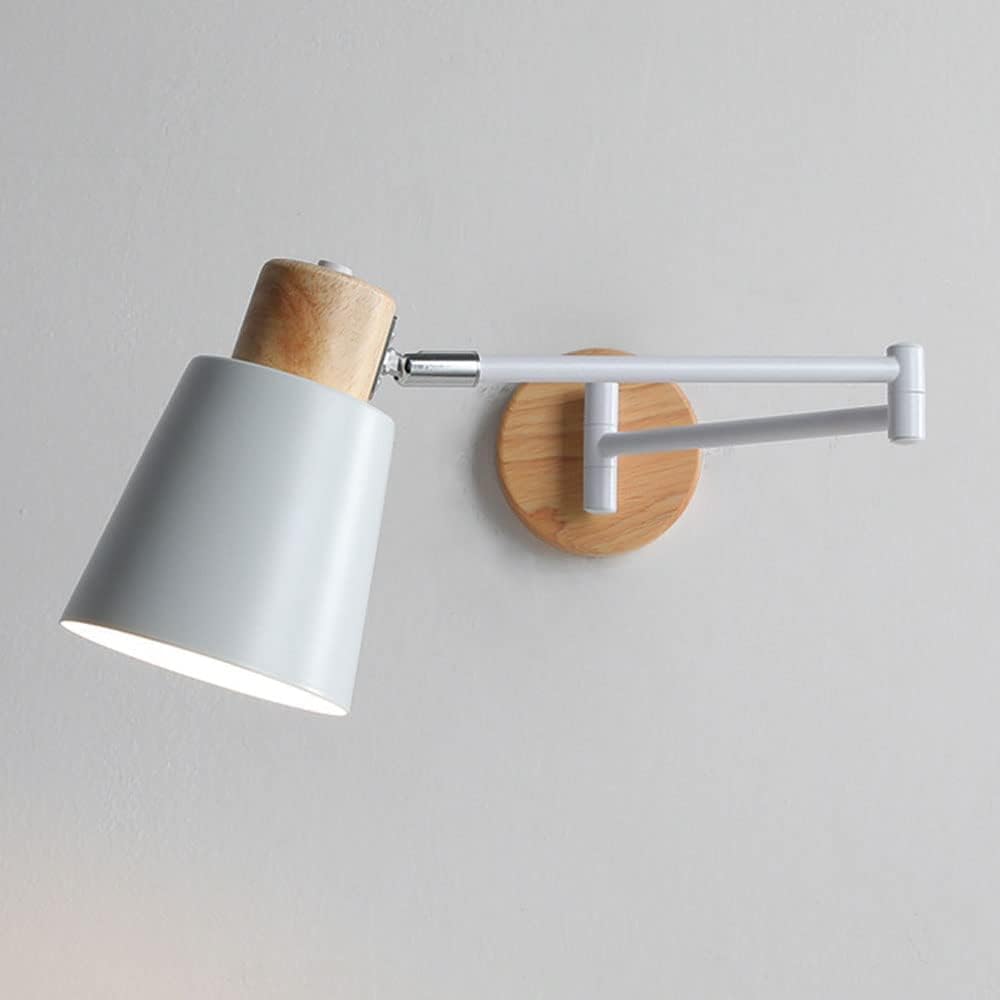 Flepyhb To Indoor Wall Lights Led, Swing Arm Wall Light White Wood Bedroom Reading Wall Sconce Adjustable Long Arm Nordic Rustic Wall Lamp Vintage Farmhouse Wall Mount Lighting Hardwired For Bedside Li