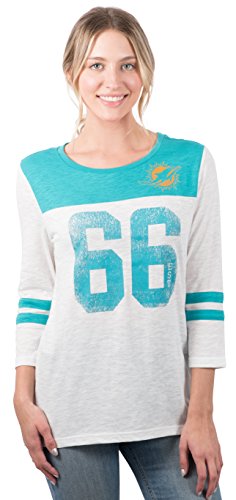 Ultra Game -NFL Miami Dolphins Womenss T-Shirt Vintage 3 4 Long Sleeve Tee Shirt, White, Medium