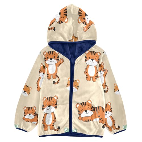 Cute Tiger Pattern Prints Toddler Fleece Jacket Girl Boys Hooded Fleece Jacket Coat Warm Outwear Zip-up 3-10T