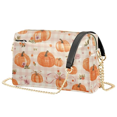 Orange Pumkins Plaid Crossbody Small Bag for Women Vegan Leather Purses Cross Body Bag Zip Shoulder Crossover Bag