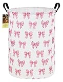 HUNRUNG Wäscherei Hamper,Large Canvas Fabric Lightweight Storage Basket Toy Organizer Dirty Clothes Collapsible Waterproof for College Dorms, Kinderzimmer,Badezimmer (Round-Pink Knot)
