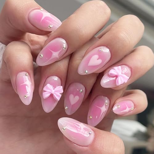 Pink Gradient Press on Nails Fake Nails Almond-shaped blush Bow Star with Rhinestones Design Glossy Stick on Nails Acrylic Artificial Nails Oval Nails for Women Girls DIY Manicure Decoration