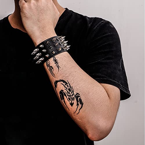 MILAKOO Unisex Black Metal Spike Studded Punk Rock Biker Wide Strap Leather Bracelet Chain Wristband Adjustable3