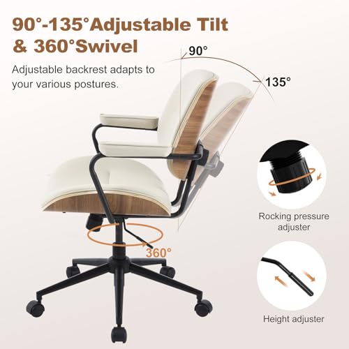 Image of Mid Century Modern Office Chair with Adjustable Backrest, Wooden Desk Chair with Armrests, Swivel Height Adjustable Home Office Chair, Comfortable Task Chair for Home Office, Beige