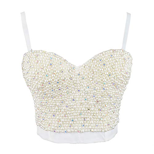 Ellacci Sexy Pearls Beaded Rhinestone Bustier Crop Top Push Up Corset Top With Detachable Straps White Medium #TOP7