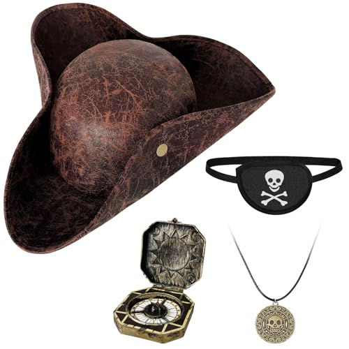 Zddaoole 4PCS Brown Pirate Hat Renaissance Pirate Tricorn Hat set Novelty Pirate Hat with Eye Patch & Necklaces for Male Female Halloween Cosplay Decoration Accessories
