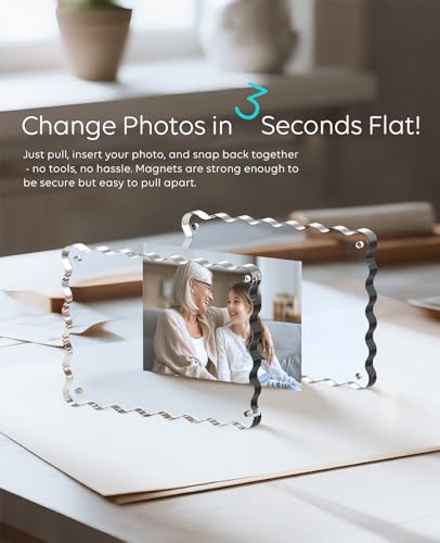 3 Pack Acrylic Picture Frame, 4x6 inch Magnetic Picture Frames with 10+10mm Thick Block, Double Sided Magnetic Acrylic Frame for Family Memories, Perfect for Home Office Decor (Wavy Edge, 4x6)
