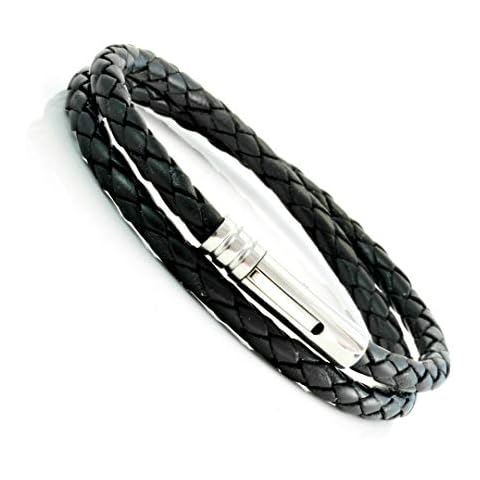 CMJ London Mens Leather Bracelet with Stainless Steel Clasp Genuine 5mm Black Braided Leather Double Wrap Bracelet Cover