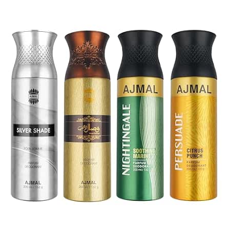 Ajmal 1 Silver Shade Homme for Men, 1 Wisal Dhahab for Men, 1 Nightingale and 1 Persuade for Men & Women Deodorants each 200ML Combo pack of 4 (Total 800ML)