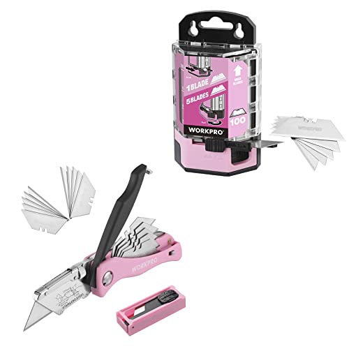 WORKPRO 100-Pack Utility Knife Blades with Dispenser, SK5 Steel & WORKPRO Pink Folding Utility Knife with 15 Extra Blades