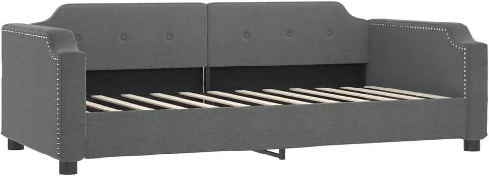 Day Bed Twin Size with Dark Grey Polyester Fabric, Solid Wood Frame, Metal Platform, Modern Minimalist Design, Durable Heavy-Duty Foundation for Bedroom Furniture, Easy Assembly
