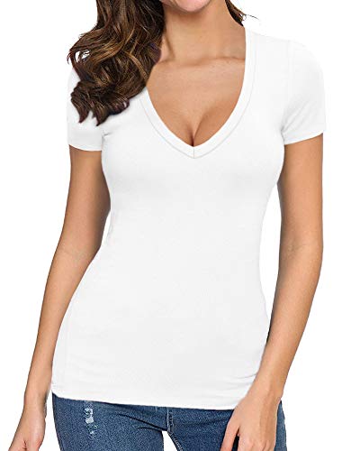 Mangopop Womens V Neck Short Sleeve Long Sleeve Slim Fit T Shirt Tunic Tops Tee (A Short Sleeve White, Small) #TOP2