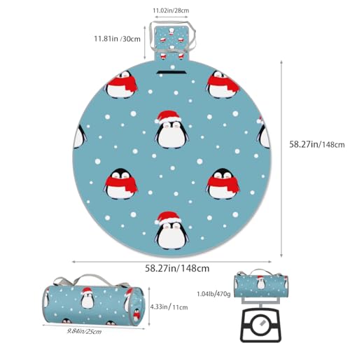 Shimoshe Snowflake Christmas Penguin Picnic Outdoor Blanket Foldable Waterproof Sandproof Beach Blanket Portable Water-Resistant Round Picnic Mat for Travel Camping Park Lawn