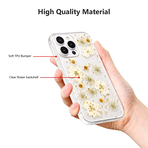Coque iPhone 13 Pro paillettes avec véritables fleurs séchées blanches - 6