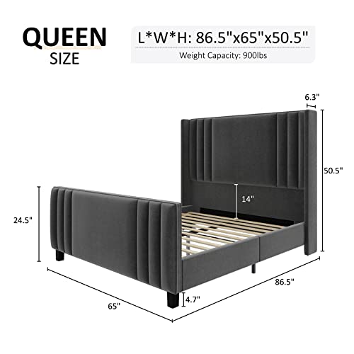 Albott Queen Size Platform Bed Frame, Upholstered Bed With Vertical Channel Tufted Wingback Headboard & Footboard, Premium Velvet, No Box Spring Needed, Dark Grey, (Channel50G) #TOP1