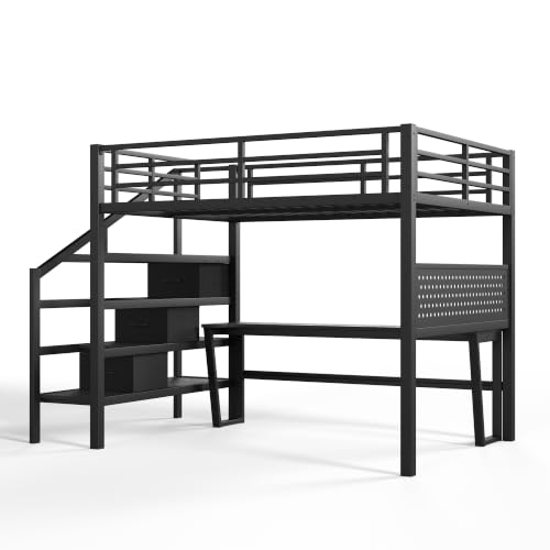 Image of Bellemave Full loft Bed with Movable Desk and Storage Stairs, Shelves, Metal Loft Beds with LED Lights, USB Ports, Multifunctional Iron Nets for Adults, Kids, Teens, Black