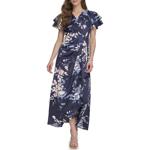 DKNY Women's Short Flutter Sleeve Surplice Neck Draped Bodice Evening Gown