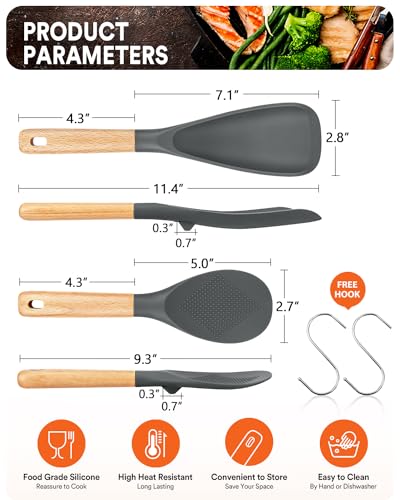 Image of Cooking Spoon And Rice Scooper for Nonstick Cookwares, Great for Cooking and Serving Durable BPA-Free Matte Silicone, Wood Handle Spoon for Mixing, Scoop, and Scrape
