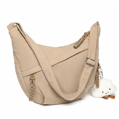 Micmores Crossbody Bag Damen Umhängetasche, Cord Tasche Casual Schultertasche Moon Bag Halbmond Tasche mit verstellbarer Schultergurt, Stylische Handtasche für Arbeit, Reisen, Alltag(Khaki)