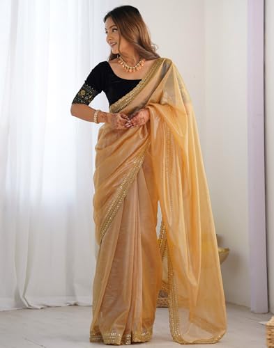 Image of SIRIL Women's Shimmer Net Sequence Embroidery Lace Saree for With Unstitched Blouse Piece