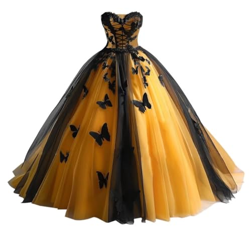 Mauuwy Butterfly Gothic Quinceanera Dresses Black Lace Strapless Sweet 16 Dresses Vestidos para 15 años quinceañeras