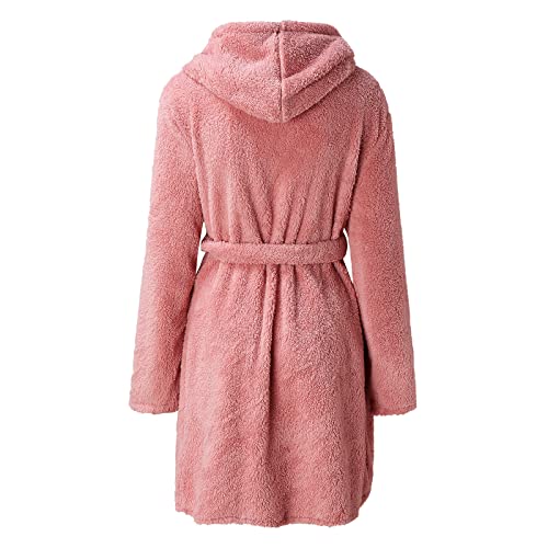 Fuzzy Robe For Women Mid Length Bathrobe Belted Solid Color Plush Kimono Robe With Pockets Soft Winter Spa Robes Pink #TOP5