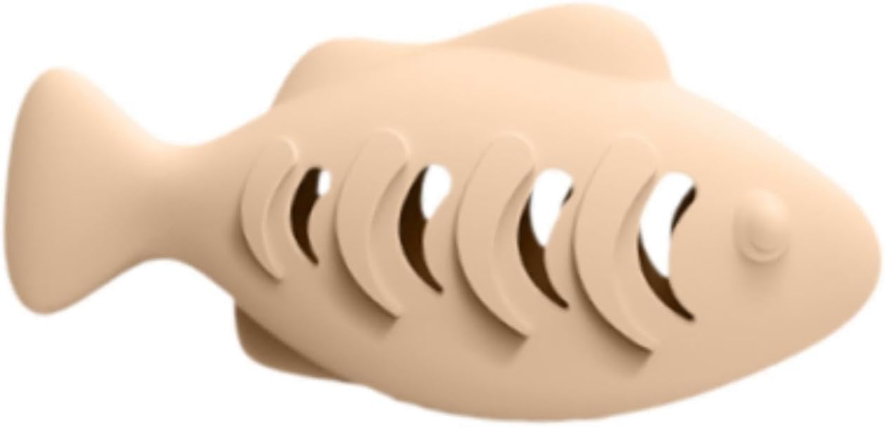 Silicone Fish Shape Cat Toothbrush & Teething Toy โ Cat Dental Cleaning Toy with Food Dispenser for Indoor Cats | Interactive Chew & Treat Toy (Beige) (Beige) 4