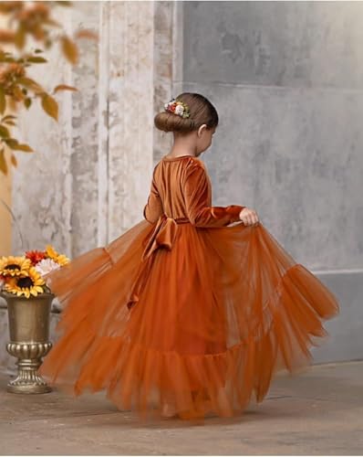 Long Sleeve Flower Girl Dress Velvet Tulle Princess Pageant Dresses for Girls Floor Length Prom Gown4