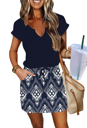 Image of SAUKOLE Women Summer T Shirt Dress Casual Short Sleeve V Neck Dress with Pockets Drawstring Waist Short Dresses