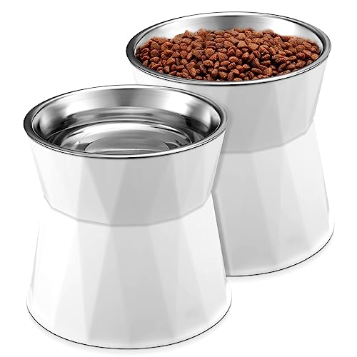 Lallisa 2 Pcs Elevated Cat Bowls Adjustable Raised Cat Feeder Non Slip Food Water with Stand Safe Stainless Steel Bowls with Pet Food Stand for Pets Feeding Eating(White)