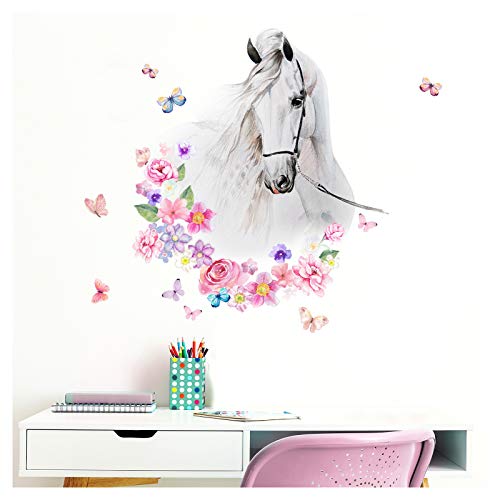 Little Deco DL464 - Adhesivo decorativo para pared, diseño de cabeza de caballo con flores y mariposas