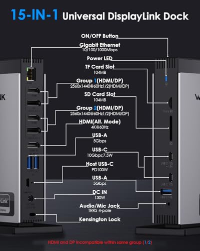 WAVLINK Displaylink Laptop Docking Station with 3 HDMI, USB C Dock Triple Display 4K+Dual 2K, 100W Charging for M1 M2 M3 M4 Mac and Windows, 2DP, 5 USB Ports, 1Gbps Ethernet, Audio/Mic, SD/TF