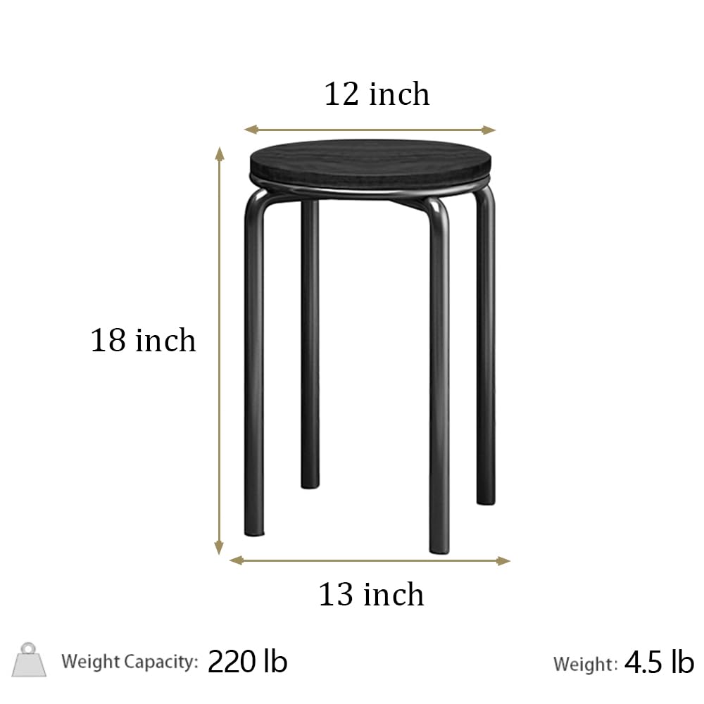 Set di 4 sgabelli impilabili, altezza 45,7 cm, con schienale rotondo, in legno, portatili, impilabili, con struttura in metallo, colore: nero