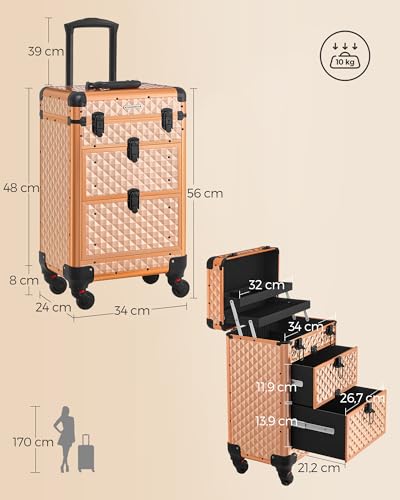 SONGMICS Kosmetikkoffer Trolley, Schminkkoffer 2 Schubladen, Friseurkoffer groß, Make-up Koffer, 34 x 24 x 56 cm, Rollen 360° drehbar, Reisen, Friseure, Geschenkidee, Champagnergold JHZ008A01