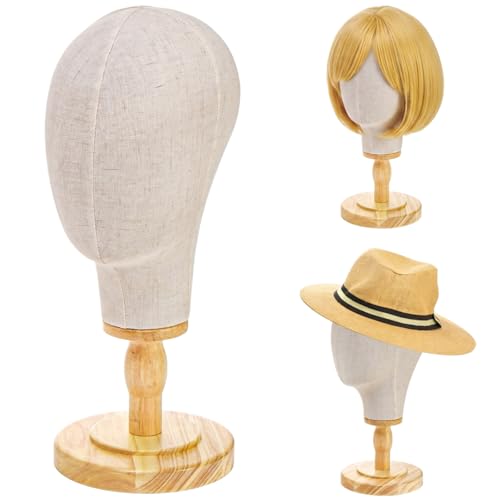 Peohud 21 Inch Mannequin Head Canvas Wig Stand with Detachable Wood Stand Linen Hat Display Model Head for Caps Headdress Wig Making