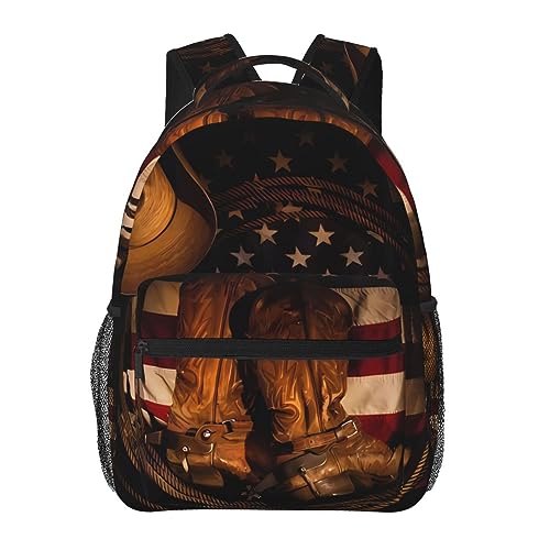 BHCASE Mochila ligera e informal para estudiantes, mochila moderna y versátil para la escuela y actividades al aire libre, 7.8 x 11.4 x 15.7 pulgadas, bandera estadounidense con imagen de botas de