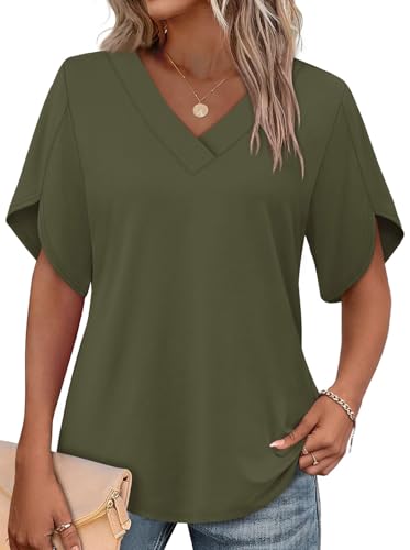 Image of WIHOLL Womens Summer Tops Short Petal Sleeve Shirts Fashion V Neck Womens Clothing