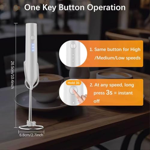 Image of Rechargeable Milk Frother with Stand, Electric Frother Wand Handheld Coffee Foam Maker Detachable Stainless Steel Whisk Drink Mixer Foamer for Latte, Cappuccino, Hot Chocolate, Egg (White)