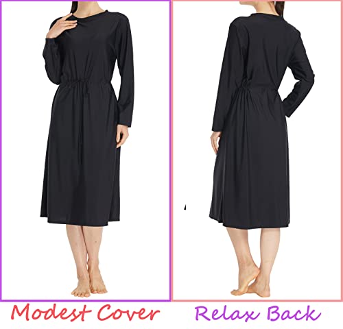 alvon Women Modest Swim Dress Knee Length Swimsuits Cover Ups UPF 50+ Sun Protection Long Sleeve Drawstring Black XL3