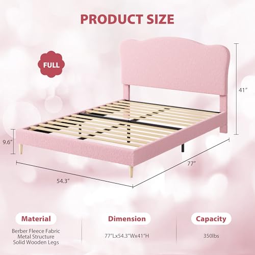 Image of GarveeHome Upholstered Full Size Bed Frame for Kids with Scallop Headboard, Cute Velvet Full Bed for Girls, Boys, Sturdy Platform Bed, No Box Spring Needed, Wooden Slats, Noise Free, Pink