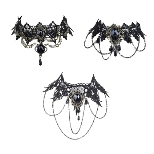 Ieron Conjunto de 3 colares góticos, gargantilha de renda preta, gargantilha de renda de Halloween, colar de corrente de vampiro para mulher, joalharia de fantasia para festa de máscaras, carnaval